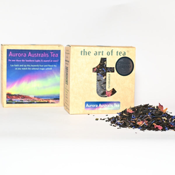 Aurora Australis Southern Lights tea boxes and tea leaves