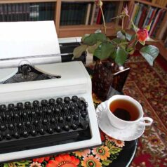 Writers Brew Tea typewriter and teacup